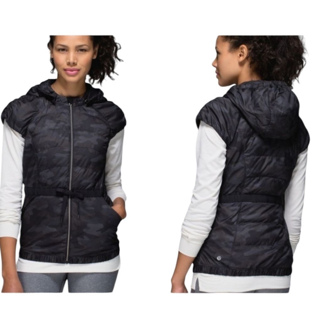 Lululemon Spring Fling Puffy Vest Lotus Camo Black Removable Hood Down Fill 8